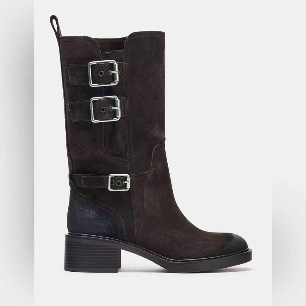 Zara Brown Combat Moto Suede Split Leather Buckled Calf High Ankle Boots - Picture 12 of 17